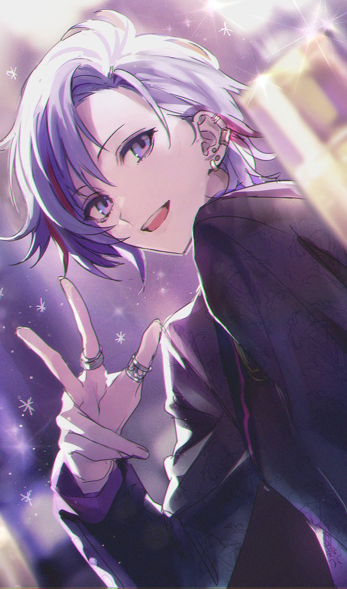 1boy male focus streaked hair purple hair ring jewelry solo  illustration images