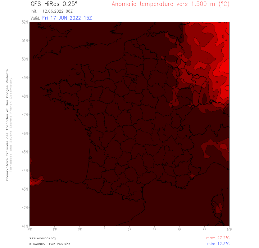 A l'échelle nationale, le pic de l'épisode caniculaire à venir semble attendu vendredi avec anomalie thermique à 1500 m > à 17°C sur 90% du territoire. 
On devrait d'ailleurs retrouver une anomalie du même ordre à 2m.
Ex à Nantes, normale 22.5°C, contre près de 40°C attendu. 