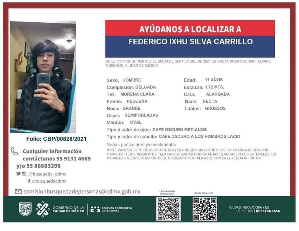 Vía <a href="/MolyCano/">Moly Cano</a>  y en colaboración con <a href="/AngelaCedeno_PI/">Missing Angels Org</a> #buscamos a #FedericoIxhuSilvaCarrillo; desaparecido a los 17 años, el 24/09/2021 en col. Santa Rosa Xochiac, alc. #ÁlvaroObregón #CiudadDeMéxico, #México. #RT o inf. 559 131 4605, al 911 o al 089. 🧡 pic.x.com/qfm3oKmqQZ