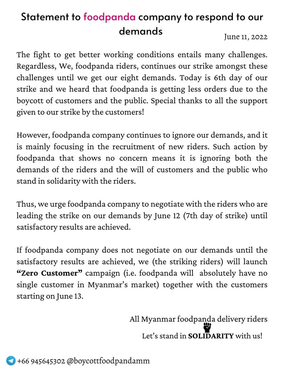 Latest statement from Myanmar delivery workers union <a href="/pandaMMriders/">foodpanda Myanmar riders' collective</a> on the ongoing strike in Myanmar. <a href="/foodpandaglobal/">foodpanda Global</a> and <a href="/deliveryherocom/">Delivery Hero</a> continue to refuse to negotiate over improving the workers’ poverty wages. 

#1u #FairPayAtFoodPanda