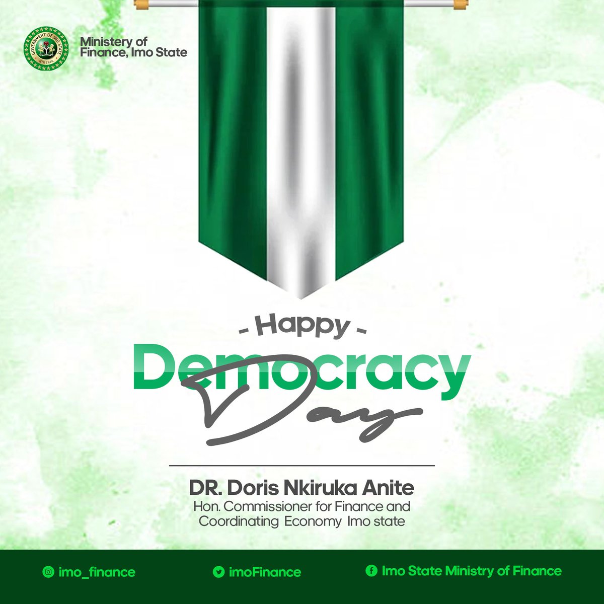 ImoFinance's tweet photo. "We are a Nation built on harmony, development, prosperity, peace, achieving milestones for a better future"
Happy Democracy Day!

#ImoState 
#DemocracyDay 
#June12th https://t.co/UyjYxW4599