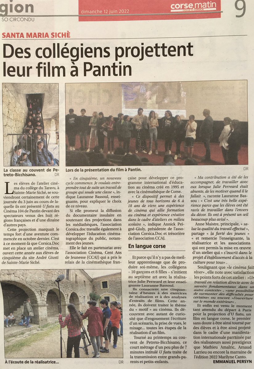 Retour sur l’atelier des collégiens de Santa Maria Sicchè aujourd’hui dans Corse-Matin !