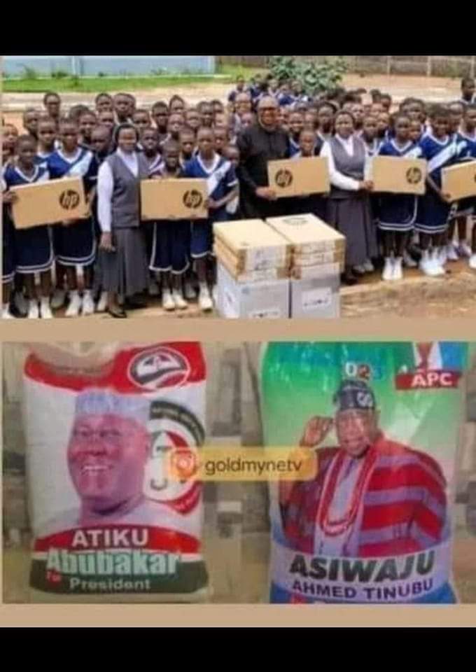 Chunuel202's tweet image. Peter Obi shared laptops to pupils to learn computer early, Atiku and Tinubu shared bags of rice with their faces on the bags of rice 🤣
.
Kaiii 😭

#AtikuVP #PeterObi4President #TableShaker #Jagaban #getyourpvc #APCPresidentialPrimary