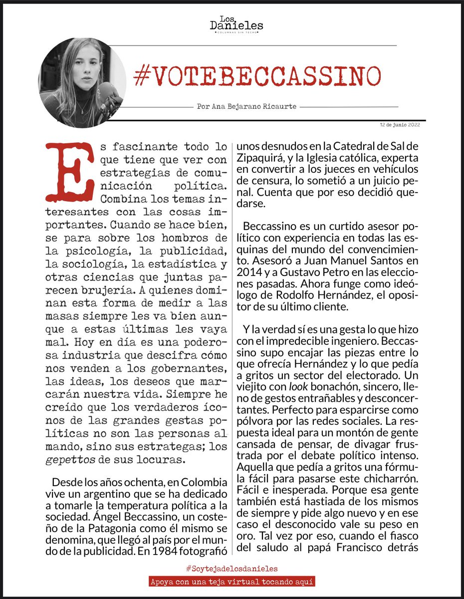 cesarusa5's tweet photo. #VoteBeccassino  Por @AnaBejaranoRG  ¿Será que los votantes de Hernández están eligiendo a Beccassino? Ojalá. Bueno, a Beccassino, o a los nuevos aliados del ingeniero, o a los ministros que según explica el candidato sí van a saber las cosas que él no sabe. #LosDanieles https://t.co/pUUYNHVzRC