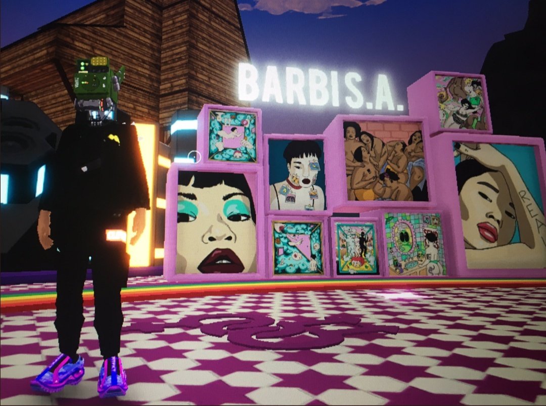 This is <a href="/decentraland/">Decentraland</a> #pride 🐷🌸
Thank you <a href="/martinshibuya/">Shibu</a> for this super cool installation and believing in my art for this ❤️. Pic by <a href="/DJCkay/">DJC-kay</a> 🥂