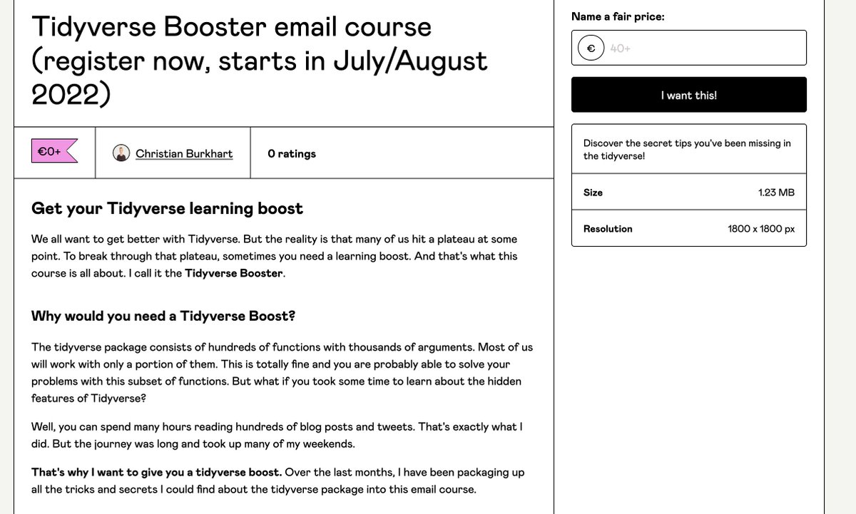 Christian Burkhart (@chburkhart) on Twitter photo I'm super excited to open registration for my new free advanced #tidyverse email course.
🚀Tidyverse booster 🚀: christianb.gumroad.com/l/tidyverse-bo…
If you sign up, you'll receive weekly emails with tons of Tidyverse tricks starting in July/August 2022.
#rstats I'm super excited to open registration for my new free advanced #tidyverse email course.
🚀Tidyverse booster 🚀: christianb.gumroad.com/l/tidyverse-bo…
If you sign up, you'll receive weekly emails with tons of Tidyverse tricks starting in July/August 2022.
#rstats