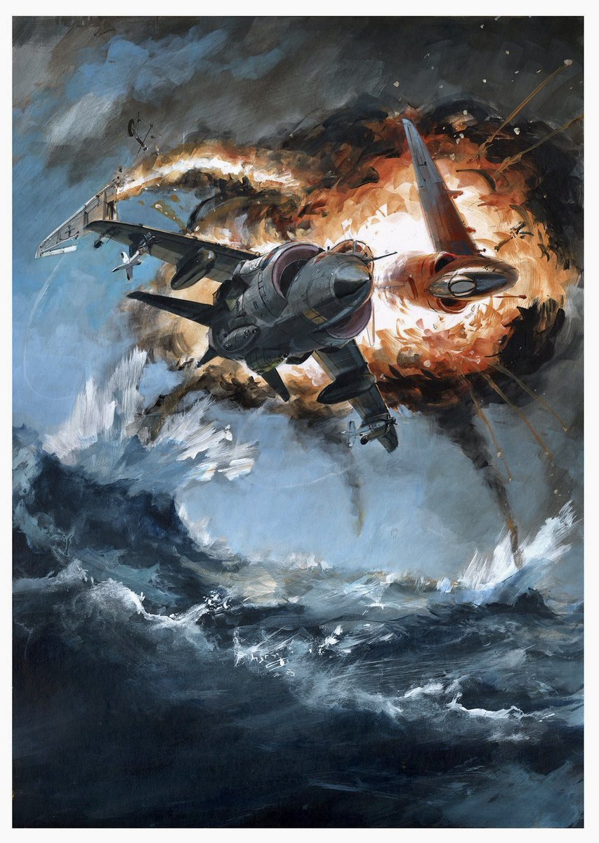 Dogfight between Flt Lt. John Leeming’s Sea Harrier and Skyhawk of Lt. Marcelo Marquez. Falklands War 21 May 1982 by Keith Burns. #RAF