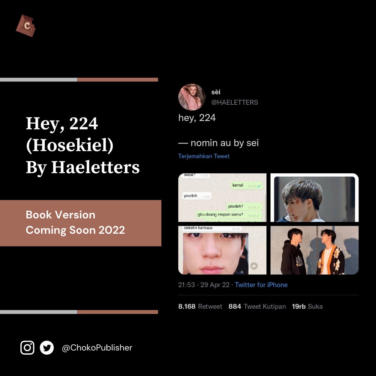 ChokoPublisher's tweet photo. [ COMING SOON • HEY, 224 (HOSEKIEL) BY @HAELETTERS ]

Siapa yang tidak sabar? 🥳 https://t.co/hfdrPan8an
