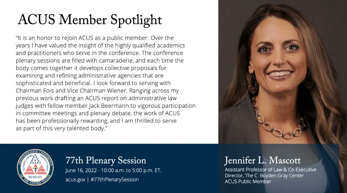 acusgov's tweet photo. Join Jennifer L. Mascott @georgemasonlaw at the @acusgov #77thPlenarySession on June 16th. View our agenda here: https://t.co/k3kyubRfDh https://t.co/SrBze5GHuL
