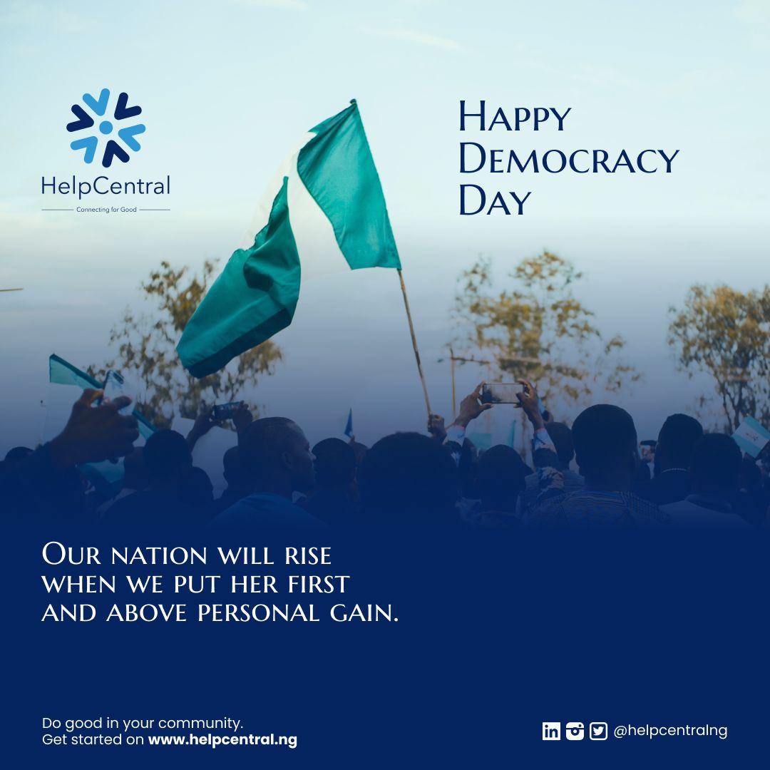 HelpcentralNG's tweet photo. It is not only the flag that we ought to keep flying above us. We need to ensure that we are truly democratic, putting the common good above ours. Always. This is true democracy.
#DemocracyDay #HelpCentral #Nigeria https://t.co/Wop25gKy8E