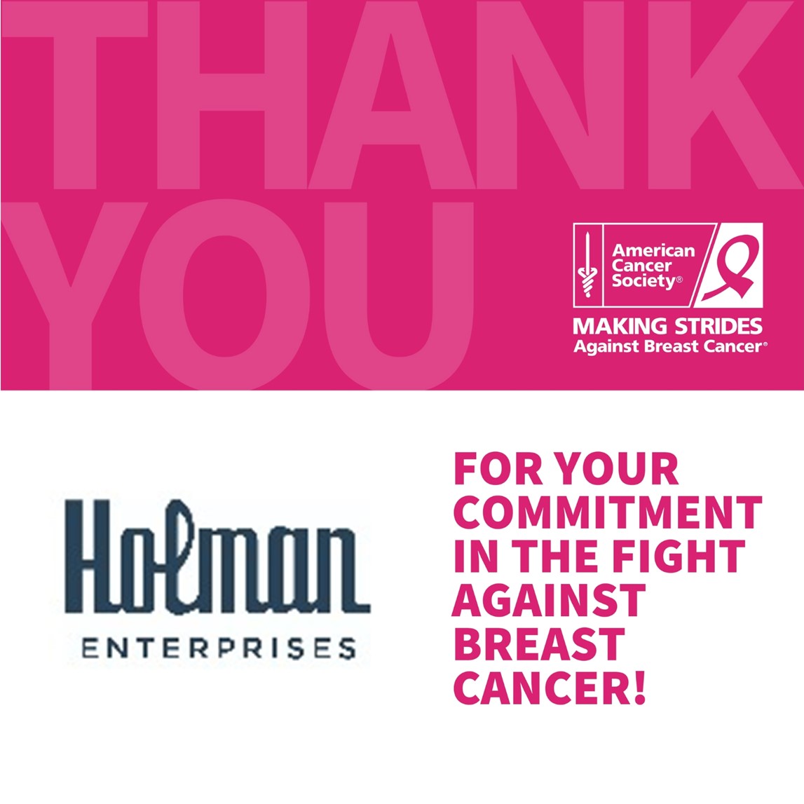 #SponsorSunday to our newest sponsor, Holman Enterprises!  We are thrilled to have this amazing team with us for #StridesATL in 2022. 
Join them as a sponsor today by sending an email to Lisa.Obser@cancer.org! 
#makingstrides #breastcancer #sponsorship