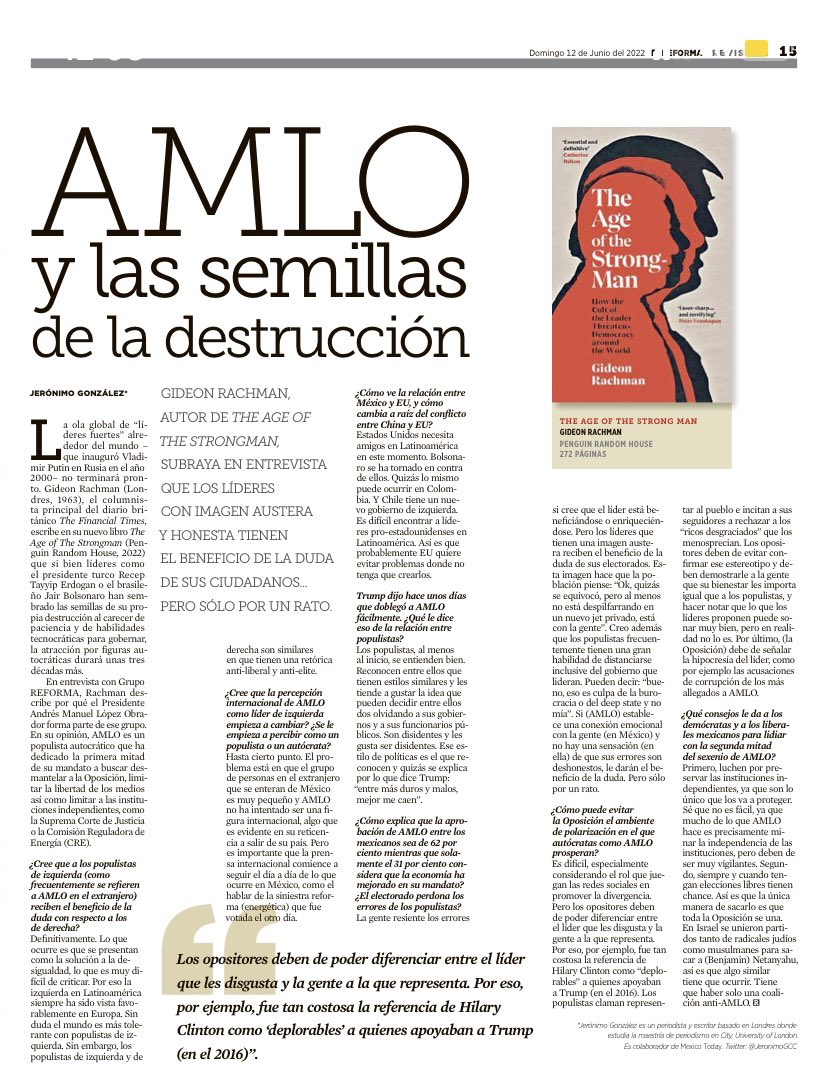 JeronimoGCC's tweet photo. Mi entrevista para @Reforma con @gideonrachman sobre la ola populista que ha llevado al poder a líderes como Trump, Bolsonaro y López Obrador: AMLO y las semillas de la destrucción. https://t.co/wTsJCoCA5k