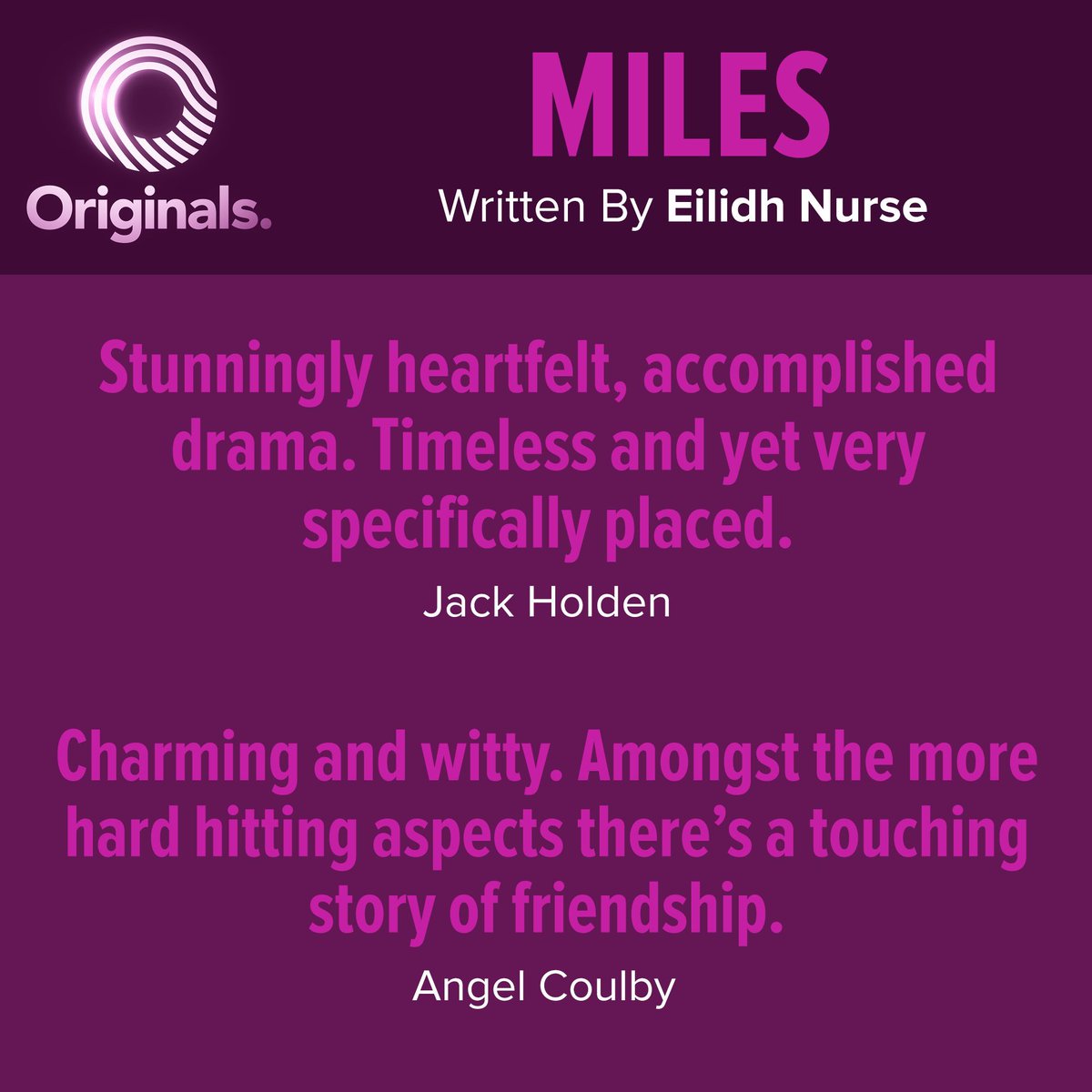 OriginalTheatre's tweet photo. Here’s what the Originals judges had to say about Miles by @_eilssss.

Miles will be broadcast live from @RiversideLondon on 30 June. Be in the audience - secure your tickets today: https://t.co/Q1h1e4vLDg ✍️🎭

#OriginalsPlay2022 https://t.co/7f7MDg2huU