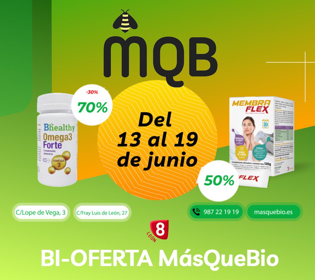 La8Leon's tweet photo. Esta semana la BIOferta de @MasQueBio1 en @La8Leon 

70 y 50 % de descuento en Omega3 y colágeno 

#publicidad https://t.co/ZFepLQ0OXo