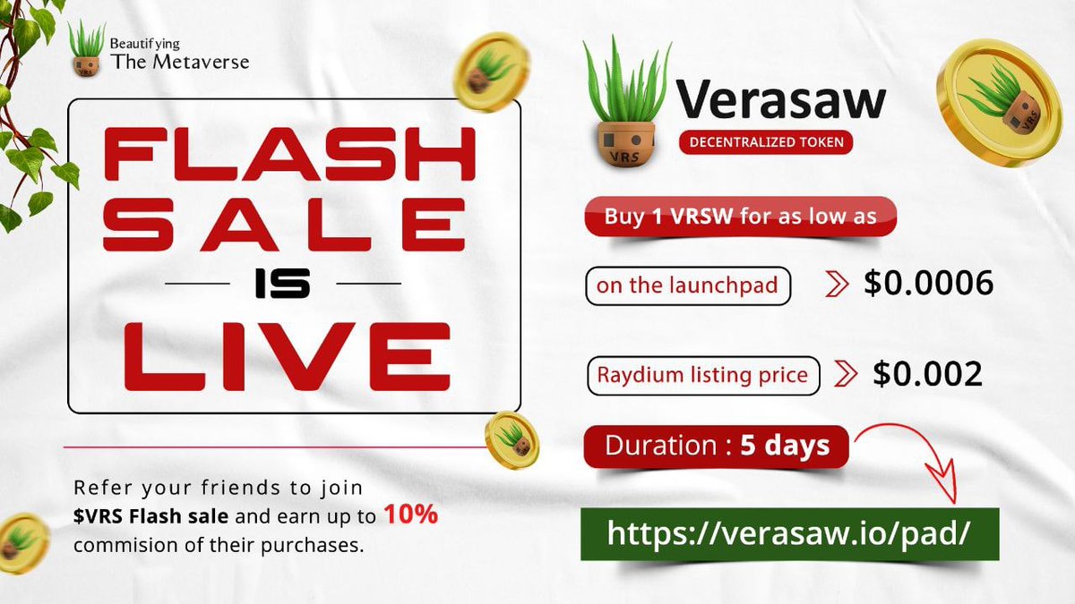 🔰 <a href="/VeraSaw/">vRs</a> $VRS Sale on @RaydiumProtocol platform!

🔰 100% of $VRS- $USDC LP locked for 3 years with <a href="/Bonfida/">Bonfida</a> token vesting protocol!

♻️ $VRS Flash sale is LIVE!
♻️ Introduced exceptional #NFTs
♻️Buy from our Launch Pad at 30% discount.

🔽INFO
verasaw.io/pad/
#DeFi