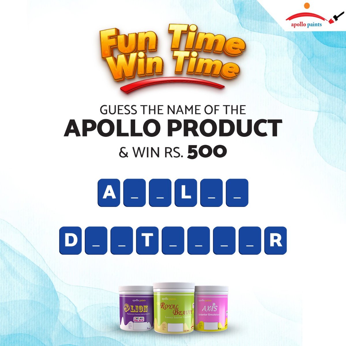ApolloPaintsNP's tweet photo. Get a chance to win NPR 500 Top-Up by Guessing the correct name. 
Here’s how to enter:
Step 1: Solve the given puzzle
Step 2: Like &amp; follow us on Instagram
Step 3: Comment your answer
.
.
.
#ApolloPaint #ApolloFunTime #FunTimeSunday #PaintYourlife #FunTimeWinTime #Painting #Nepal https://t.co/5VNd1UfFmr