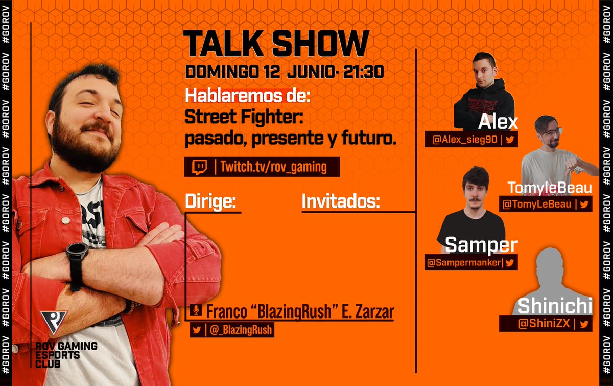 #ROVNights | #TalkShow

Esta noche a las 21:30 contaremos de nuevo con <a href="/_BlazingRush/">Rush</a> para otra #ROVNights

Ademas contaremos con los siguientes invitados:

👉 <a href="/alex_sieg90/">Star Up | Alex sieg</a> 
👉 <a href="/TomyLeBeau/">Tomylebeau</a> 
👉 <a href="/sampermanker/">Samper</a>
👉 <a href="/ShiniZX/">Shinichi</a> 

🖥 twitch.tv/rov_gaming