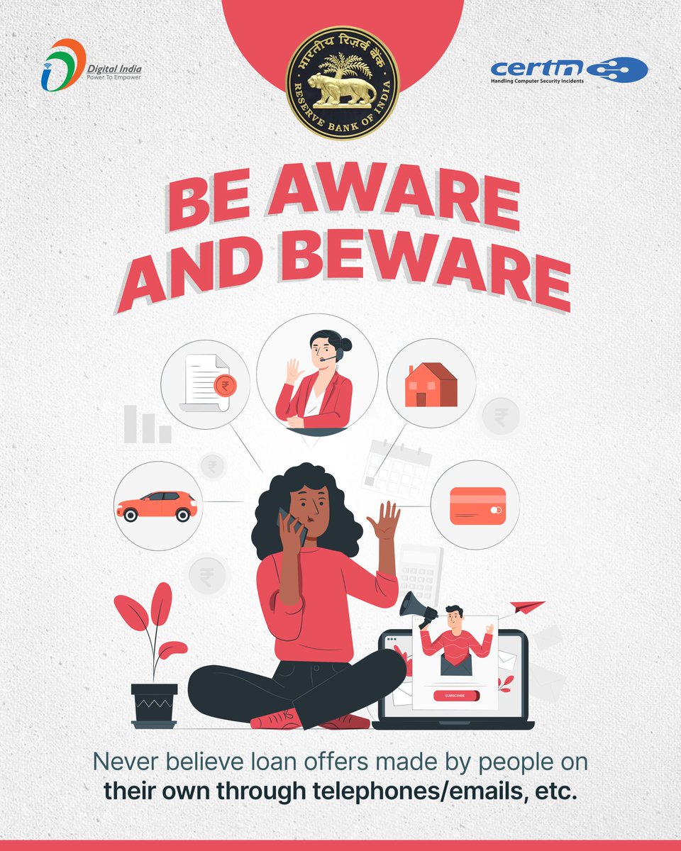 GoI_MeitY's tweet photo. #BeAwareBeware | Fraudsters circulate fake messages in instant messaging apps / SMS / social media platforms on attractive loans and use the logo of any known NBFC as a profile picture. Never believe such offers. #cybersecurity @RBI @IndianCERT #DigitalIndia @alkesh12sharma https://t.co/FulfVpSDRd