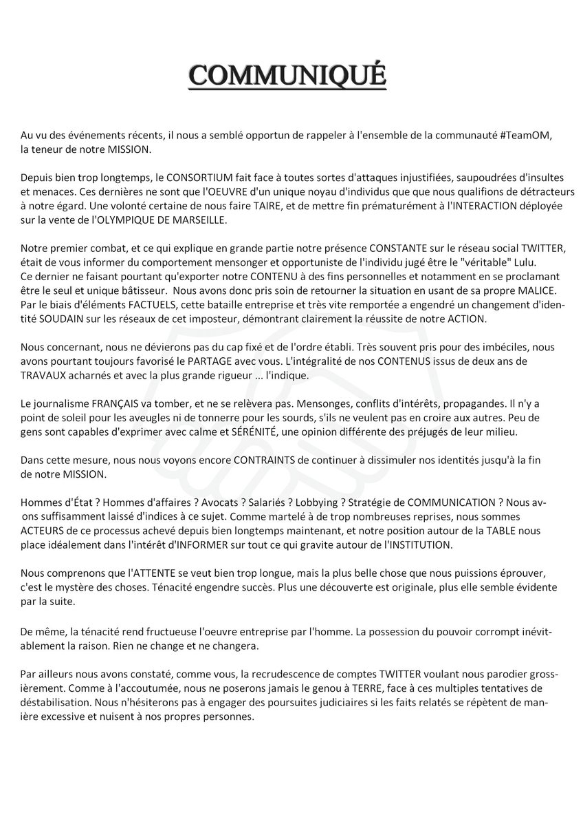 LecnLyon's tweet photo. 🚨 Communiqué officiel
Déclaration du CONSORTIUM sur les très graves menaces que nous subissons. Nous ne lâcherons rien. N’en déplaise à certains.
#VenteOM #TeamOM #NSLCC https://t.co/j7mTHelXCm