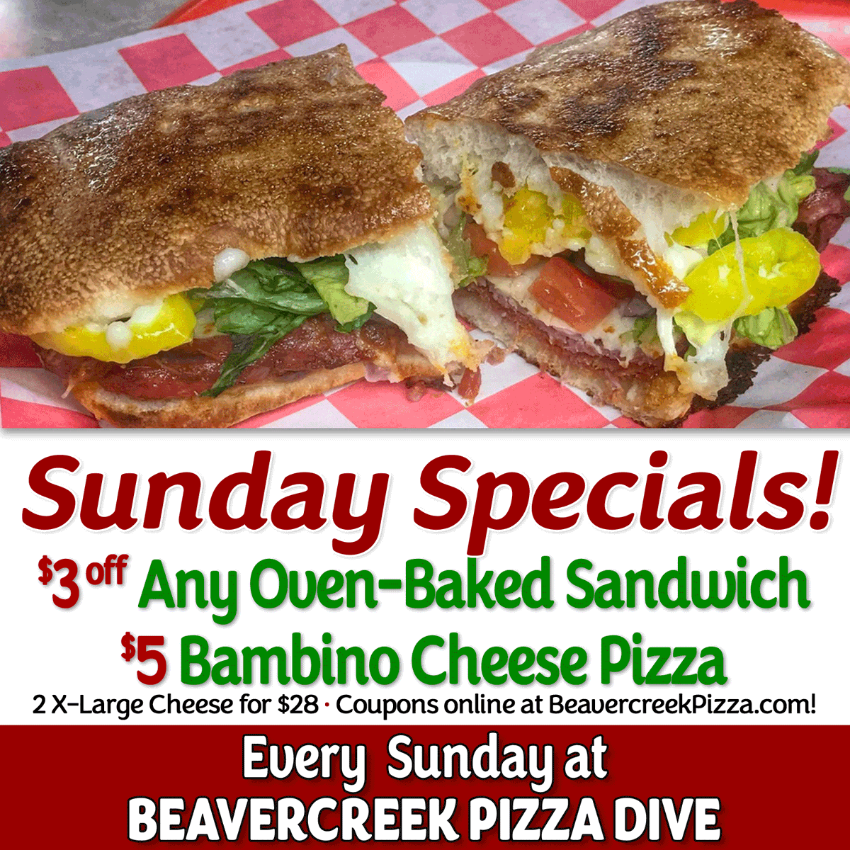BCPizzaDive's tweet photo. 🔥Sunday Specials!
$3 off any Oven-Baked Sandwich. 
Bambino Cheese Pizza $5. Add toppings to this personal sized pizza at menu price. 

🍕BEAVERCREEK PIZZA DIVE🍕
4021 Dayton Xenia at Grange Hall
📞937-431-8669
📱Text "Beavercreek" to 33733 for the app
💻https://t.co/5H4QNZHNz0 https://t.co/Yy4LLbR6mQ