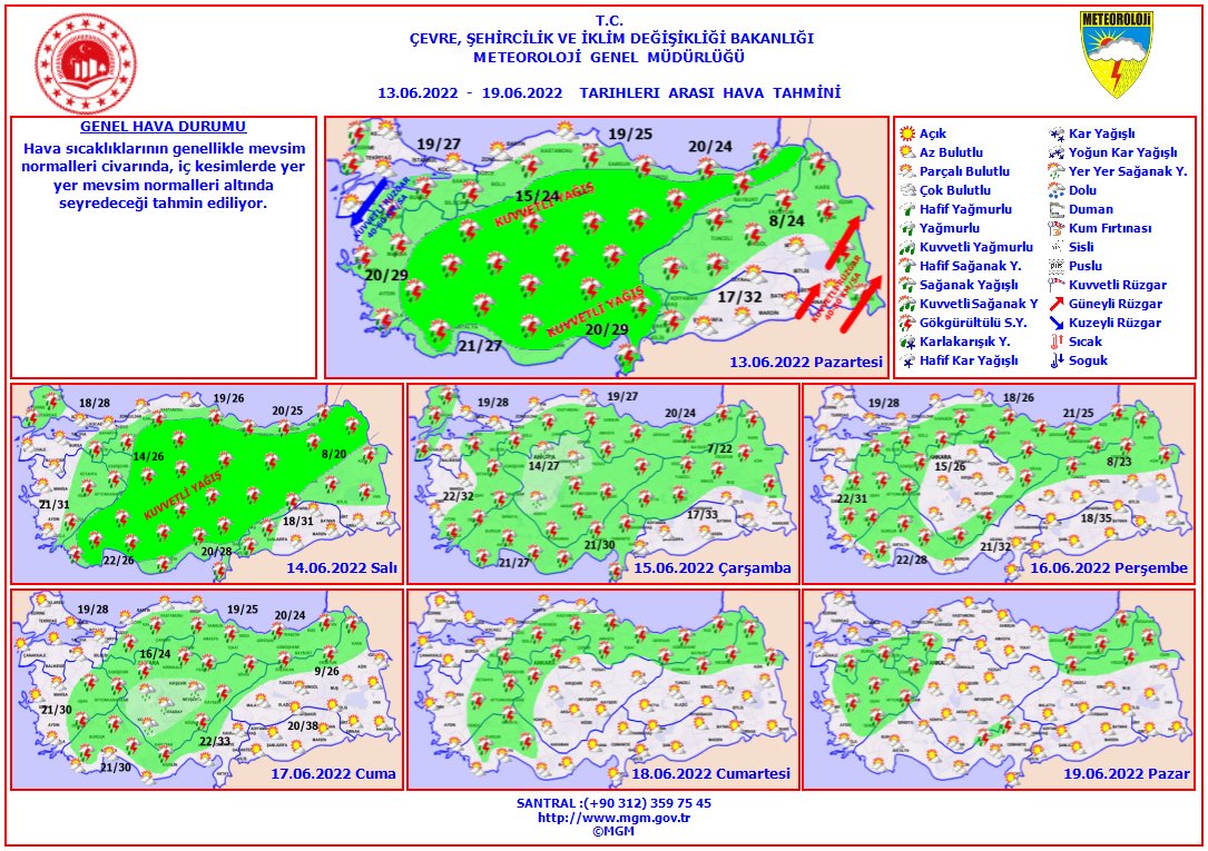 Haftalık Hava Tahmini
(13- 19 Haziran 2022)
Hava sıcaklıklarının mevsim normalleri civarında, iç kesimlerde yer yer mevsim normalleri altında seyredeceği tahmin ediliyor.