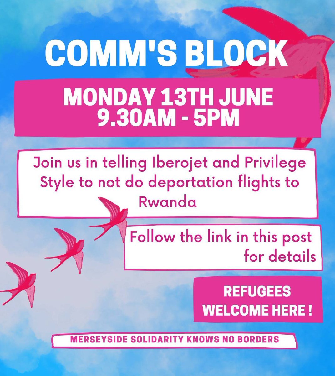 lpoolantiraids's tweet image. Join us and @SKNBMerseyside tomorrow in a COMM’S BLOCK to tell Iberojet and Privilege Style not to run deportation flights from the UK to Rwanda.

Follow this link to find out how to get involved tinyurl.com/3cxn37vh