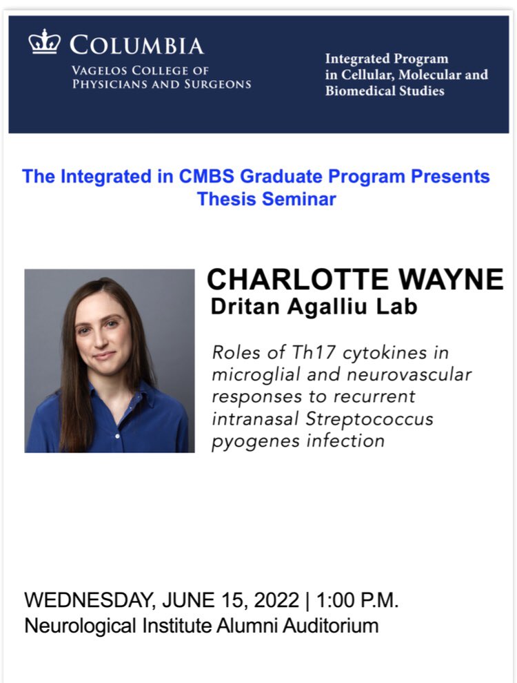 DAgalliu's tweet photo. Looking forward to hearing @charlotterwayne defend her PhD dissertation on transcriptome changes in microglia and brain endothelial cells that occur after S. Pyogenes infections, the contribution of IL-17A &amp; GM-CSF and the relationship to the human disease (PANDAS).#pandas https://t.co/dryxlAqFPP