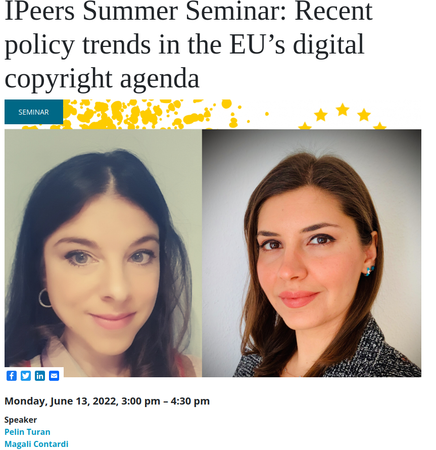 ipeersceuedu1's tweet photo. Join us tomorrow at 3 pm with Pelin Turan and Magali Contardi presenting on recent developments in the EU copyright agenda!! All info can be found here: https://t.co/YIGiUIRRrL https://t.co/DH1Ez94oOk