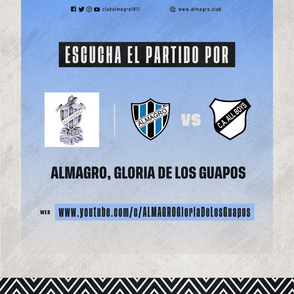 Escucha el partido frente a All Boys por estás alternativas. Hace click en la imagen para elegir la transmisión.
<a href="/gloriadelosguap/">Gloria de los Guapos</a> 
youtube.com/c/ALMAGROGlori…