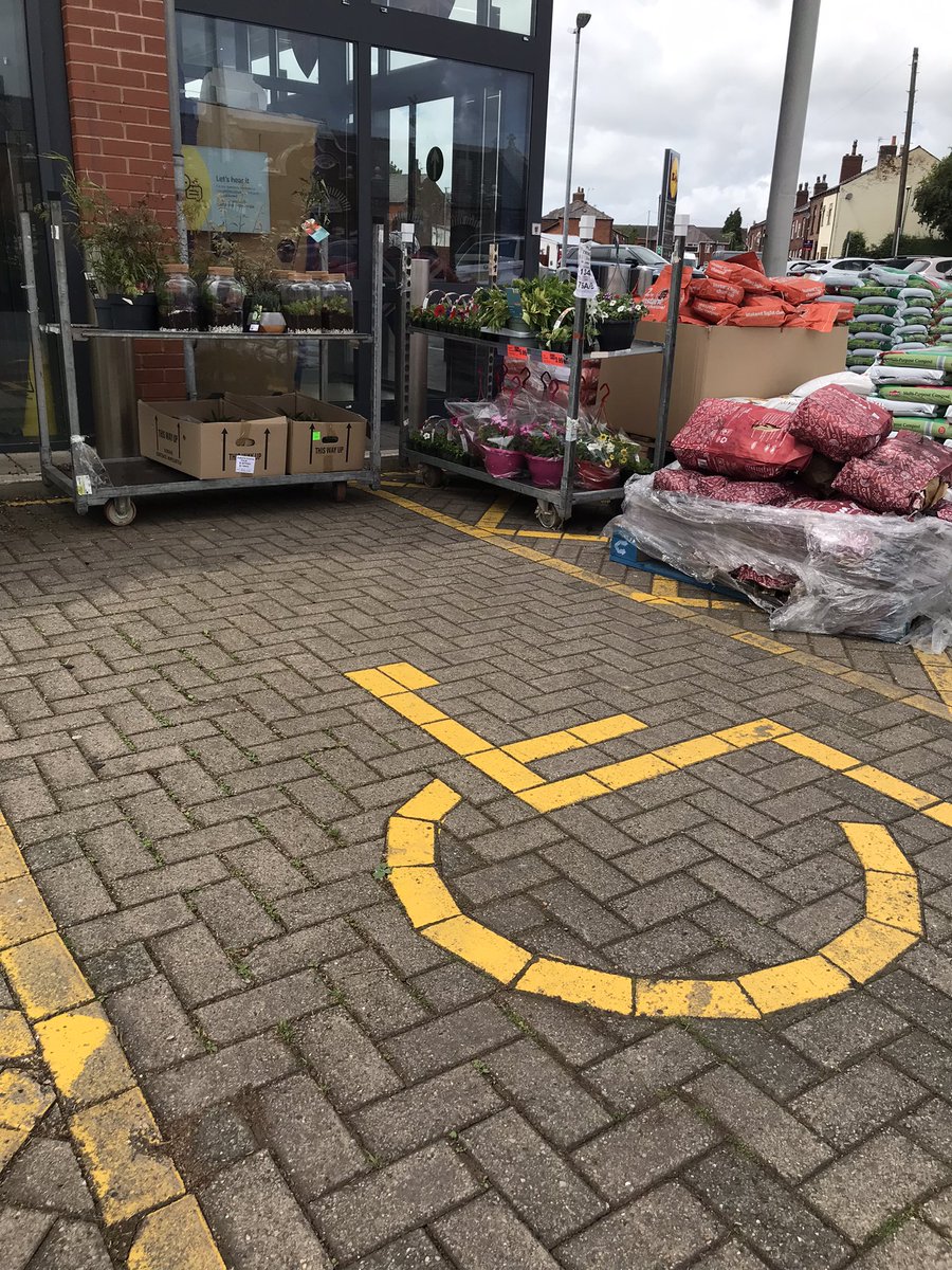 Zebra_Crossing_'s tweet photo. @LidlGB Pemberton, Wigan. Three disabled parking spaces and someone decided three was too generous and garden supplies are the priority. #Disability #disabled #EDS #zebra #discrimination #Lidl https://t.co/eFh8hju57t
