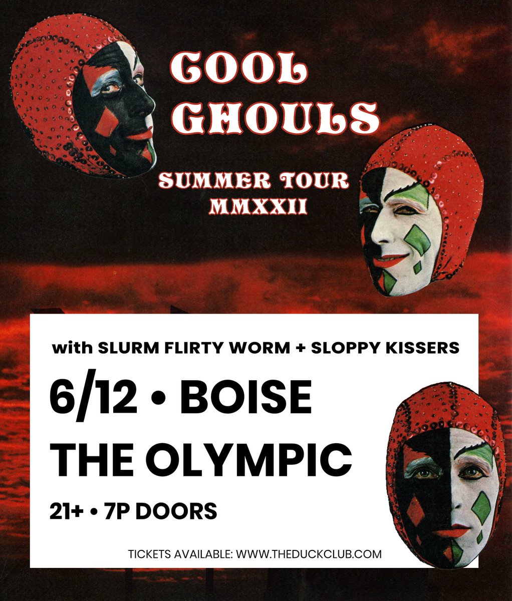 Duck Club (@duckclubboise) on Twitter photo SF garage rock quartet <a href="/CoolGhouls/">Cool Ghouls</a> are taking on <a href="/theolympicboise/">The Olympic</a> 🔜 TONIIIIIGHT with <a href="/SlurmFlirtyWorm/">Slurm Flirty Worm RIP</a> and Sloppy Kissers!! See ya there - 7p doors 🎫 theduckclub.com/show/cool-ghou… SF garage rock quartet <a href="/CoolGhouls/">Cool Ghouls</a> are taking on <a href="/theolympicboise/">The Olympic</a> 🔜 TONIIIIIGHT with <a href="/SlurmFlirtyWorm/">Slurm Flirty Worm RIP</a> and Sloppy Kissers!! See ya there - 7p doors 🎫 theduckclub.com/show/cool-ghou…