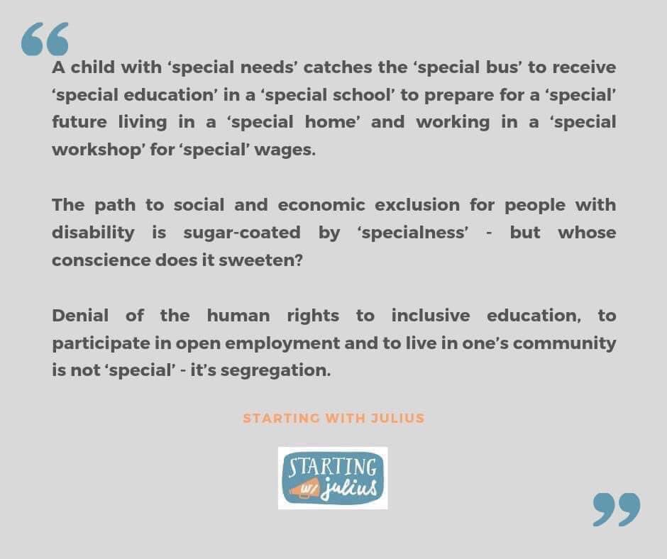 “Denial of the human right to inclusive education, to participate in open employment and to live in one’s community is not ‘special’ - it’s segregation”
#InclusiveEducation
#DisabilityRC
