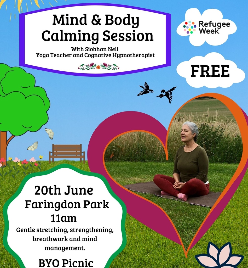 SwindonCoS's tweet photo. Swindon City of Sanctuary will be hosting a Mind & Body Calming Session at Faringdon Park on the 20th of June at 11am. Please join us ☀️
#RefugeeWeek #Yoga #HealthandWellbeing #SanctuarySeekers #Swindon #FaringdonPark #MindAndBody #CalmingSession #Charity https://t.co/92FahJ1bOs