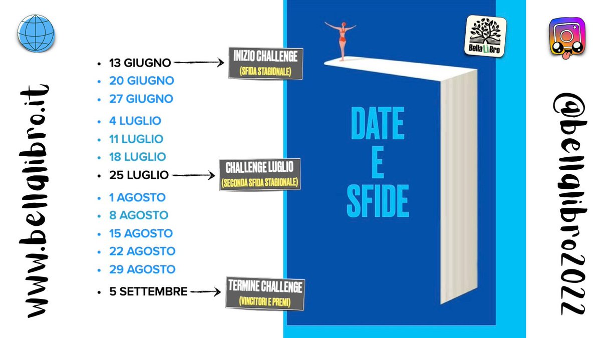 BellaLBro2's tweet photo. Ecco i giorni di #bellalibrochallenge
Da domani #13Giugno ogni #Lunedì una nuova sfida per divertirsi durante le vacanze con i libri e con la lettura... e per vincere un sacco di premi
Info: https://t.co/m6xdF90dZo
Instagram: @bellalibro2022
#AcliLombardia #conFondazioneCariplo https://t.co/N5DHaovjEA