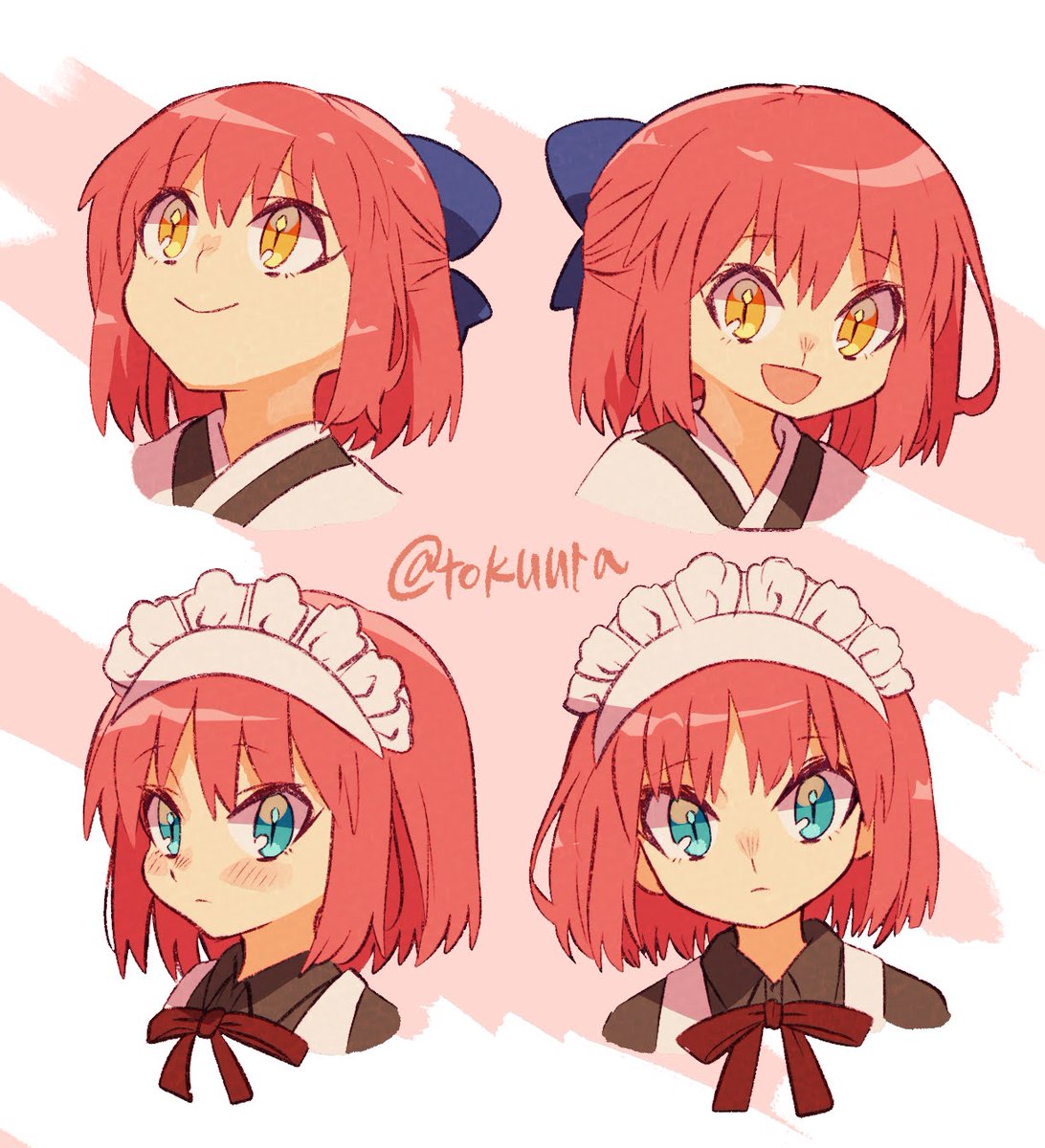hisui (tsukihime) ,kohaku (tsukihime) smile yellow eyes maid headdress maid short hair red hair bow  illustration images