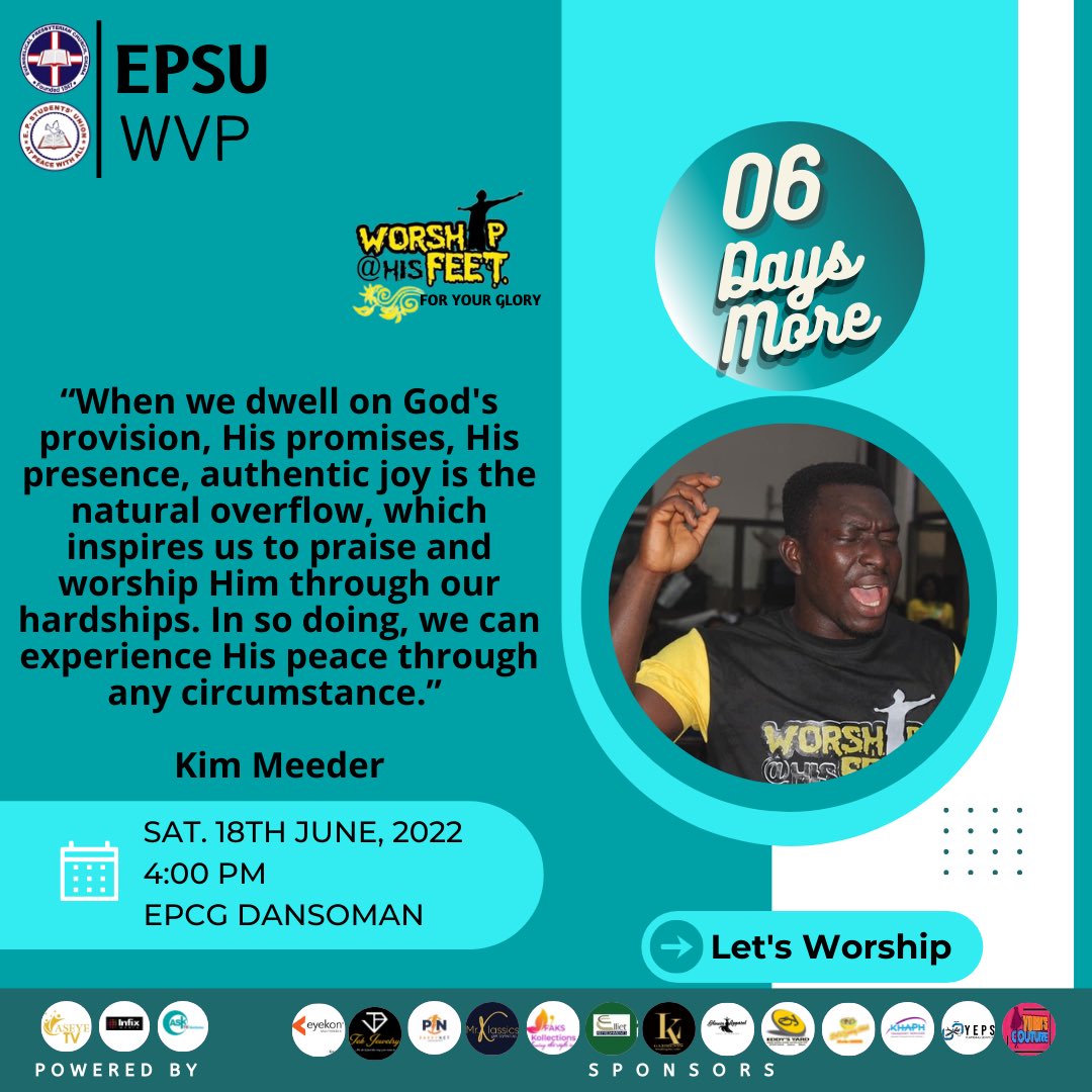 epsuwvp's tweet photo. WAHF’22_FOR_YOUR_GLORY🕊
0️⃣6️⃣ Days More to WAHF’22💃
🗓: 18th June 2022
⛪️: E.P.C.G Dansoman
⏰ : 4:00 pm
Save the date for a true worship experience!!
W@HF ‘22…. For Your Glory🙌🏽
#EPSUWestVee #EPSUWVP
#WAHF
#ForYourGlory
#WAHF22 https://t.co/bKph8C3iWA