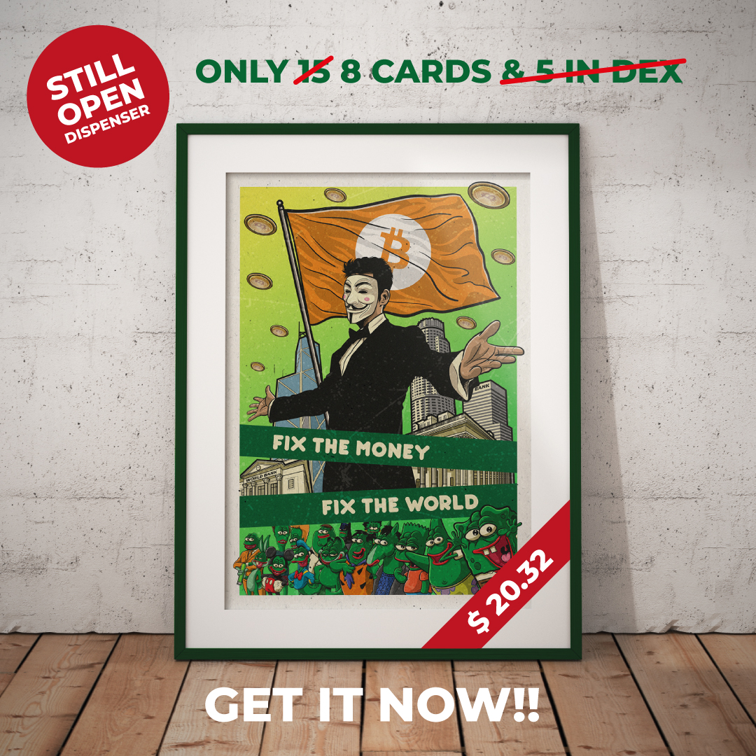 Do you believe that Bitcoin can Fix The World?? Check this out bit.ly/BITINVASION

Dex: bit.ly/BITINVASION_DEX (SOLD OUT!)
Dispenser : bit.ly/BITINVASION_DI… (8 LEFT)

#CounterpartyXCP #KaleidoscopeXCP #PepeNFT #PepeFrog #BitcoinArt #CryptoArt #NFTCollector