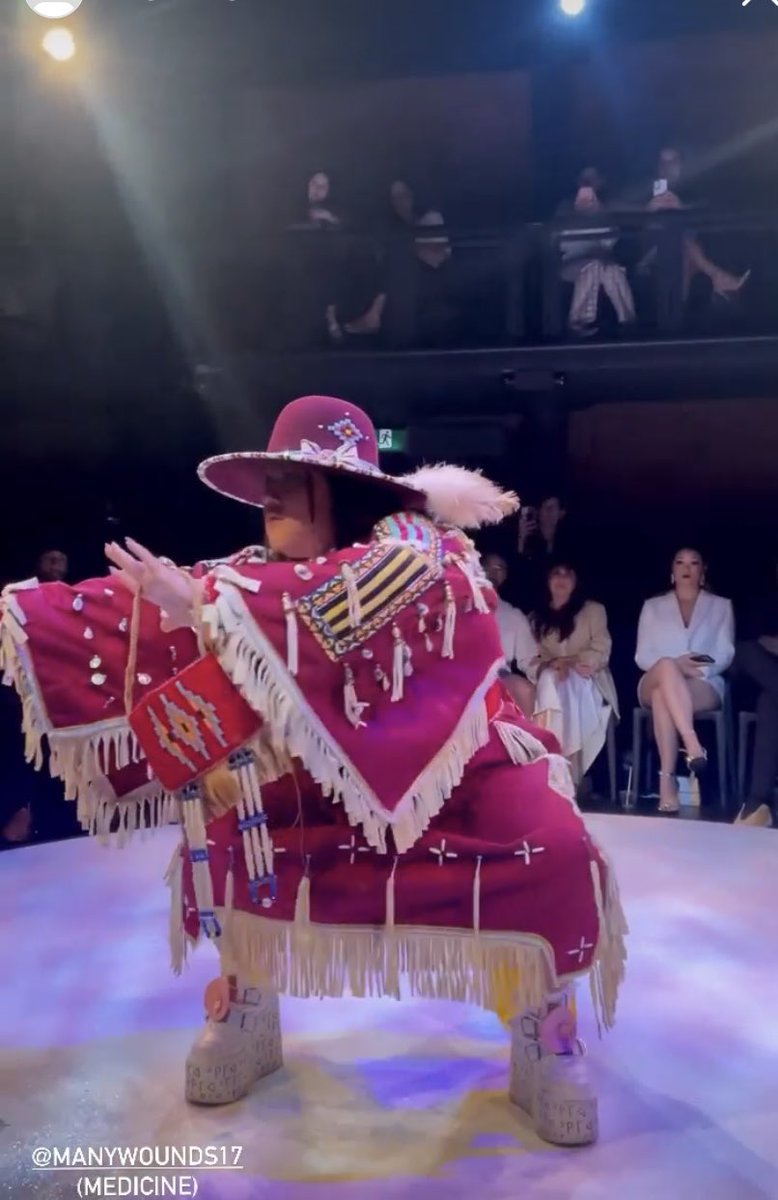 Manywounds17's tweet photo. 😍😍😍😍😍😍 Chey totally rocked it on the runway at Indigenous Fashion arts 2022!!!!!! A new take on a traditional dress, masculinity, femininity, platforms and attitude @cheyennerainlegrande @indigenousfashionarts #ifwto @dancingstormdesigns https://t.co/dvafIYx8wQ