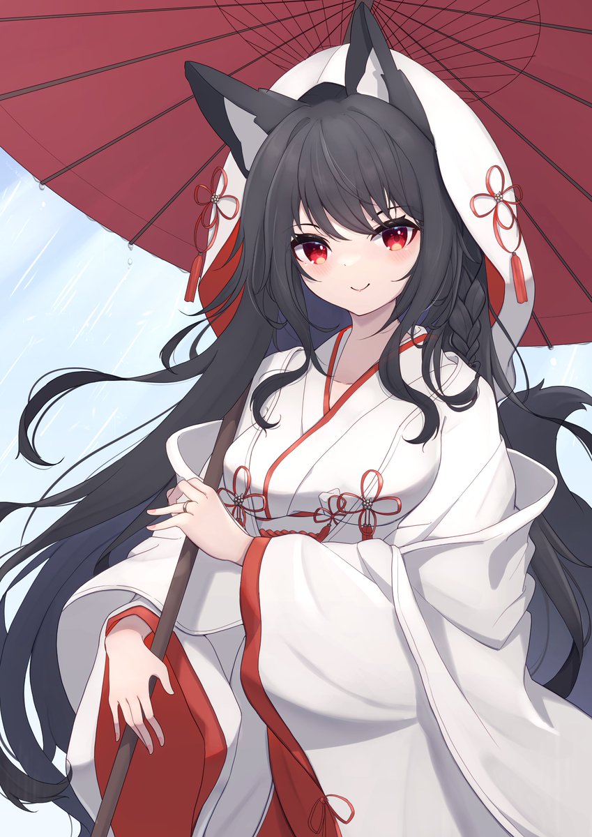 1girl japanese clothes animal ears black hair umbrella red eyes solo  illustration images