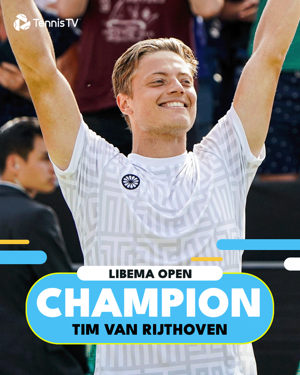TennisTV's tweet photo. DREAMS DO COME TRUE 🏆

Dutch wildcard and World No. 205 @timvanrijthoven shocks World No.2 Medvedev 6-4 6-1 to claim his first ATP Title! 

@libemaopen https://t.co/1fsuHS1fHN