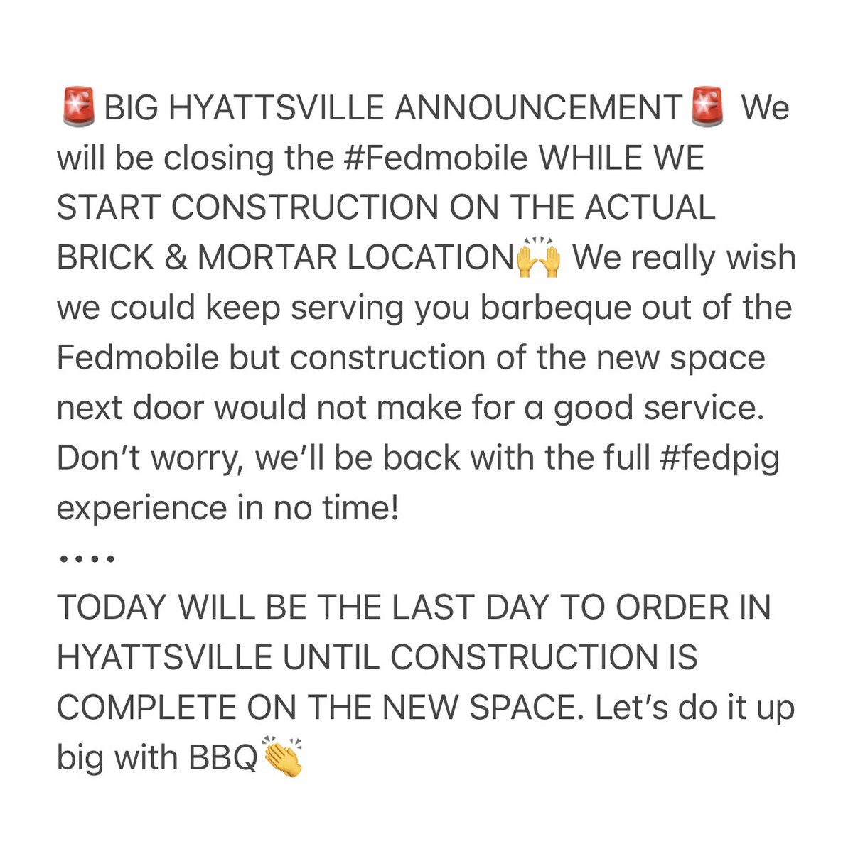 Construction on the new space and bar starts tomorrow! #fedpig #hyattsville