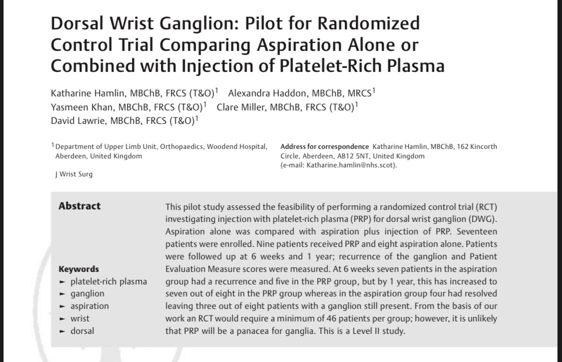 AlexHaddon5's tweet photo. So excited this has been published!! Pilot trial showing that PRP does not improve the rate of recurrence in Wrist Ganglia. Huge congrats to @mumma_pod, @doc_london and @aberdeen_hand!! #GrampianOrthopaedics #orthotwitter
https://t.co/RJE2uuz0qQ https://t.co/ZQQFMWjQuX