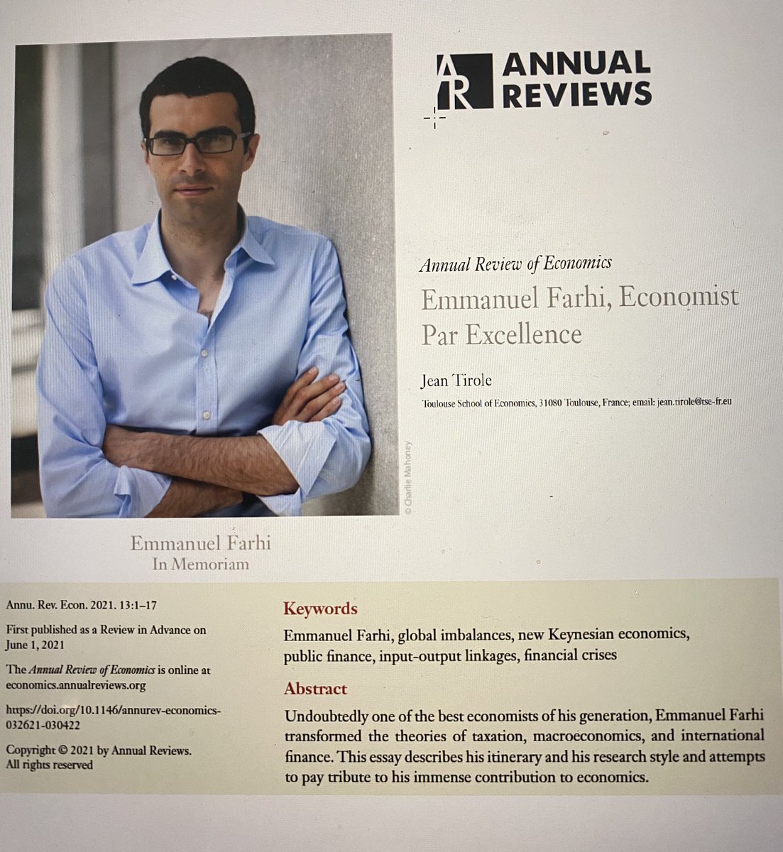 helene_rey's tweet image. Tomorrow starts in Paris the conference in the honour of Emmanuel Farhi
college-de-france.fr/site/en-philip… . @cepr_org @cdf_InnovLab 
Important to reread the beautiful article written by Jean Tirole on Emmanuel’s work in the Annual Review of Economics. www-annualreviews-org.lbs.idm.oclc.org/doi/pdf/10.114…