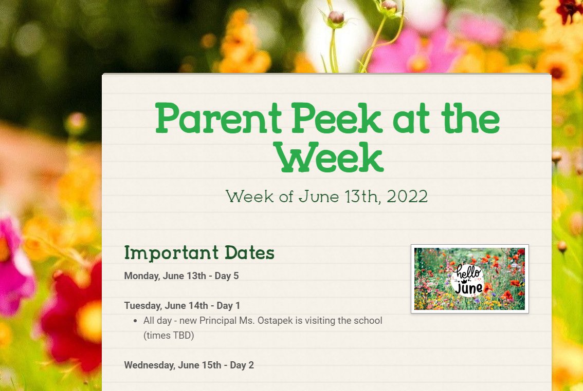 It's hard to believe we only have a few weeks left of school - where has the time gone?!

Here is the news and information about all our goings-on at Kawartha Heights this week. Take a minute to read the Parent Peek at the Week: smore.com/s9xu6

Here's to a great week KH!