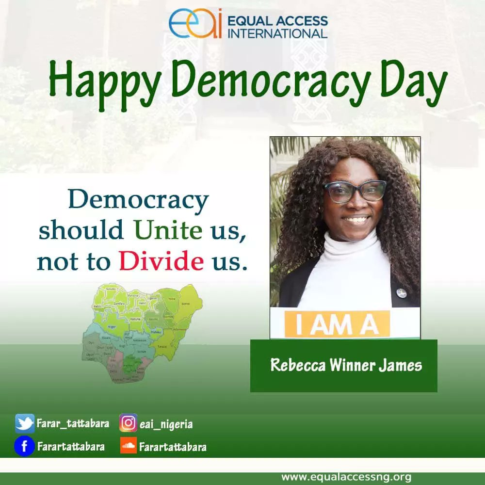 EAI_Nigeria's tweet photo. June 12 is Democracy Day in Nigeria and we join all Nigerians to celebrate this day.

Democracy should join us, and not to divide us.

#Farartattabara 
#EqualAccessIntnl
#ZamanLafiya
#Arewa4Peace
#DemocracyDay https://t.co/5yYXWELTl4