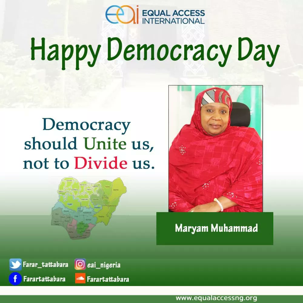 EAI_Nigeria's tweet photo. June 12 is Democracy Day in Nigeria and we join all Nigerians to celebrate this day.

Democracy should join us, and not to divide us.

#Farartattabara 
#EqualAccessIntnl
#ZamanLafiya
#Arewa4Peace
#DemocracyDay https://t.co/5yYXWELTl4