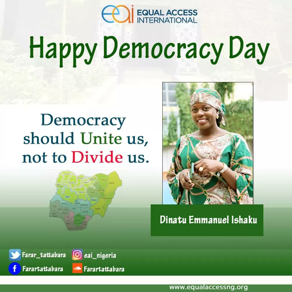 EAI_Nigeria's tweet photo. June 12 is Democracy Day in Nigeria and we join all Nigerians to celebrate this day.

Democracy should join us, and not to divide us.

#Farartattabara 
#EqualAccessIntnl
#ZamanLafiya
#Arewa4Peace
#DemocracyDay https://t.co/5yYXWELTl4