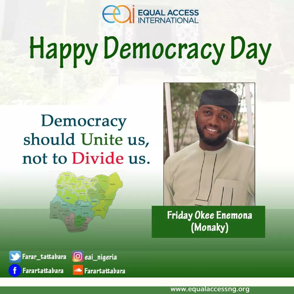 EAI_Nigeria's tweet photo. June 12 is Democracy Day in Nigeria and we join all Nigerians to celebrate this day.

Democracy should join us, and not to divide us.

#Farartattabara 
#EqualAccessIntnl
#ZamanLafiya
#Arewa4Peace
#DemocracyDay https://t.co/5yYXWELTl4