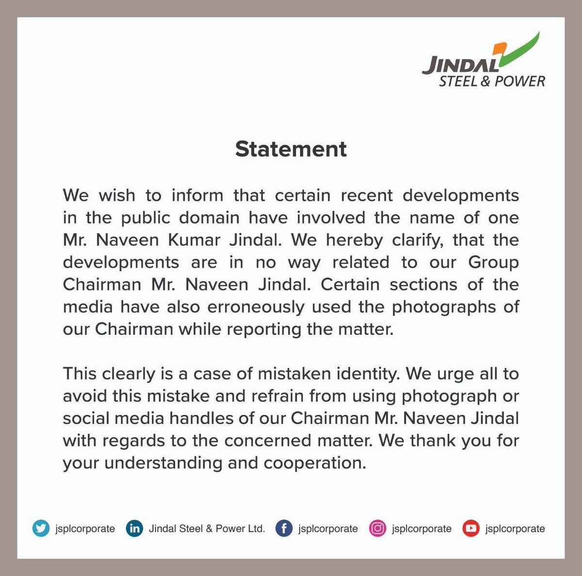 ANI's tweet photo. Certain recent developments in public domain involving name of Mr Naveen Kumar Jindal are in no way related to our Group Chairman Mr Naveen Jindal. We urge media not to erroneously use photographs of our chairman while reporting it. This clearly is case of mistaken identity: JSPL https://t.co/XeF1T5LDJe